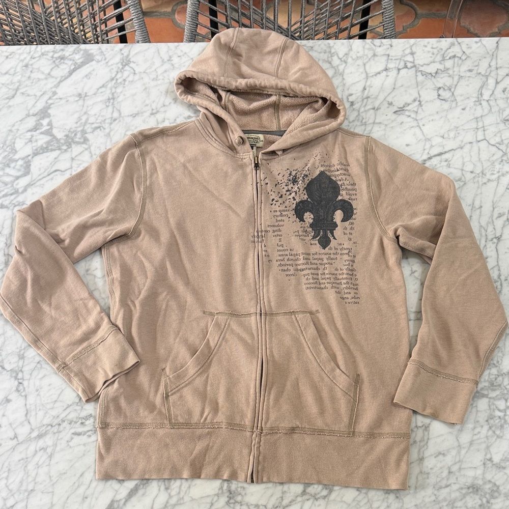 Y2K American Rag Cie Hoodie Mens L Tan Fleur De Lis Graphic Grunge Streetwear